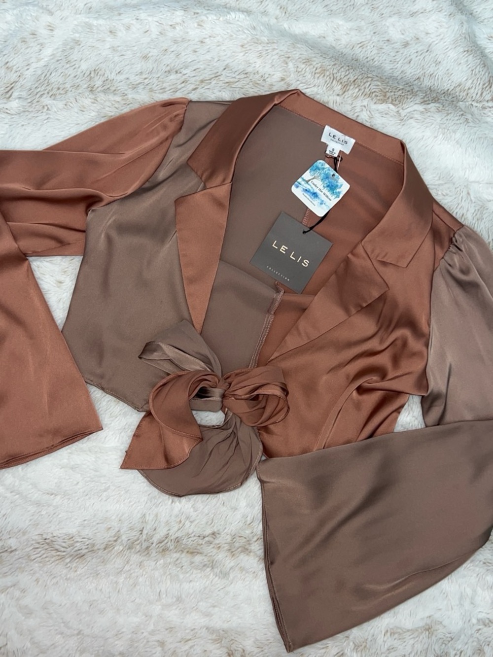 Le Lis Two-Tone Satin Tie-Front Blouse in Copper and Taupe